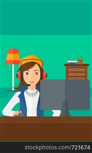 A woman in headphones sitting in front of computer monitor with mouse in hand on living room background vector flat design illustration. Vertical layout.. Woman playing video game.