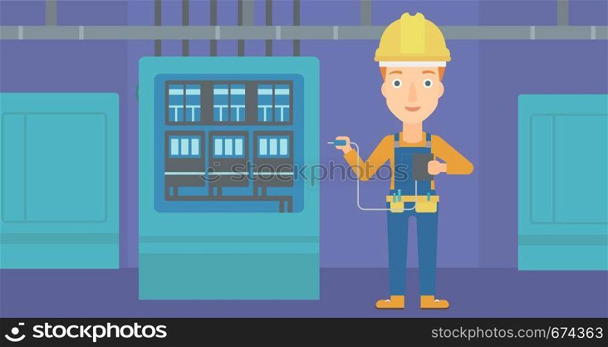 A woman in helmet measuring the voltage output vector flat design illustration. Horizontal layout.. Electrician with electrical equipment.