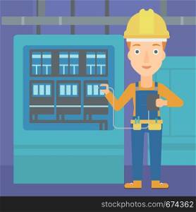 A woman in helmet measuring the voltage output vector flat design illustration. Square layout.. Electrician with electrical equipment.