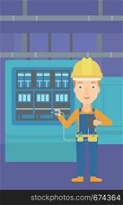 A woman in helmet measuring the voltage output vector flat design illustration. Vertical layout.. Electrician with electrical equipment.