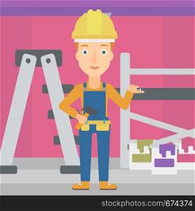 A woman in helmet with a hummer and a nail in hands standing on the background of purple walls, paint cans and ladder vector flat design illustration. Square layout.. Cheerful repairer engineer.