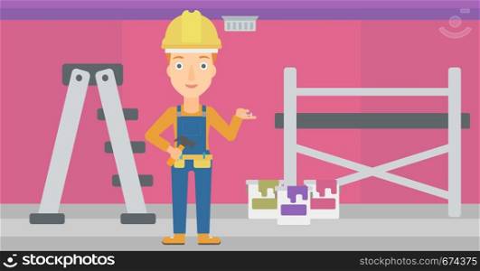 A woman in helmet with a hummer and a nail in hands standing on the background of purple walls, paint cans and ladder vector flat design illustration. Horizontal layout.. Cheerful repairer engineer.