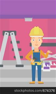 A woman in helmet with a hummer and a nail in hands standing on the background of purple walls, paint cans and ladder vector flat design illustration. Vertical layout.. Cheerful repairer engineer.