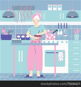A woman in her kitchen cooking, with food. Home atmosphere, healthy food, world food day. Flat vector illustration