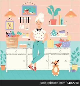 A woman in her kitchen with food and dog. Home atmosphere, healthy food, world food day. Flat vector illustration