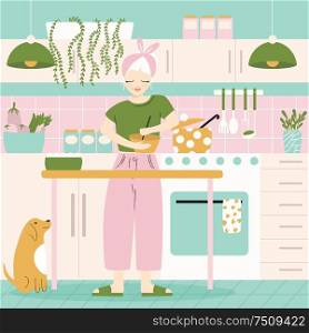 A woman in her kitchen with food and dog. Home atmosphere, healthy food, world food day. Flat vector illustration