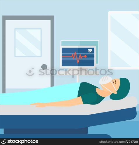 A woman in oxygen mask lying in hospital ward with heart rate monitor vector flat design illustration. Square layout.. Patient lying in hospital bed with heart monitor.