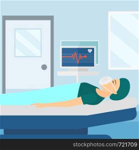 A woman in oxygen mask lying in hospital ward with heart rate monitor vector flat design illustration. Square layout.. Patient lying in hospital bed with heart monitor.