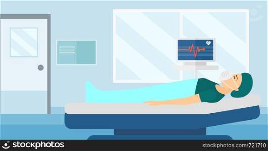 A woman in oxygen mask lying in hospital ward with heart rate monitor vector flat design illustration. Horizontal layout.. Patient lying in hospital bed with heart monitor.