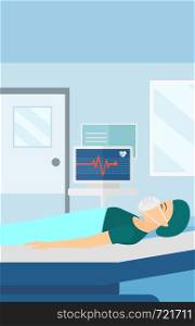 A woman in oxygen mask lying in hospital ward with heart rate monitor vector flat design illustration. Vertical layout.. Patient lying in hospital bed with heart monitor.