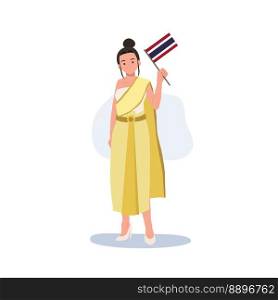  a woman in Thai traditional costume is holding the small Flag of Thailand in her hand. Full length Flat vector illustration