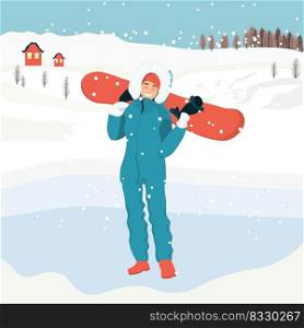 A woman in warm clothes holds a snowboard.Snowboarding. W∫er activity. W∫er sport.. A woman in warm clothes holds a snowboard.Snowboarding. W∫er activity. W∫er sport