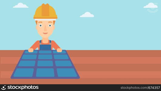 A woman installing solar panels on roof vector flat design illustration. Horizontal layout.. Constructor with solar panel.