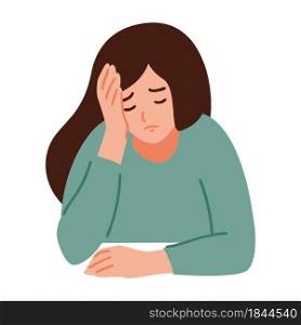 A woman is having a headache. Girl feels anxiety and depression. Psychological health concept. Nervous, apathy, sadness, sorrow, unhappy, desperate, migraine. Flat vector illustration.