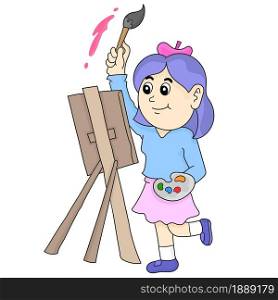 a woman is painting on a canvas. cartoon illustration sticker emoticon