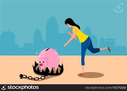 A woman is running to catch the piggy bank in iron trap. She risk to lost her saving money from investments.