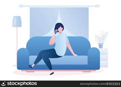 A woman is sitting on the couch and talking on the phone, living room interior. Female character in trendy style. Vector illustration
