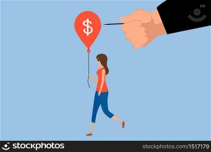 A woman is walking with the dollar balloon but there is a big hand with the needle come to poke the balloon.