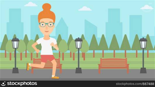 A woman jogging in the park vector flat design illustration. Horizontal layout.. Sportive woman jogging.
