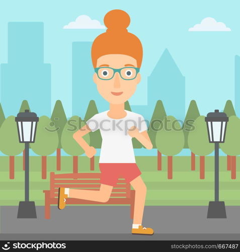 A woman jogging in the park vector flat design illustration. Square layout.. Sportive woman jogging.