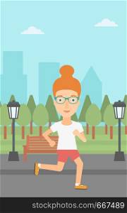 A woman jogging in the park vector flat design illustration. Vertical layout.. Sportive woman jogging.