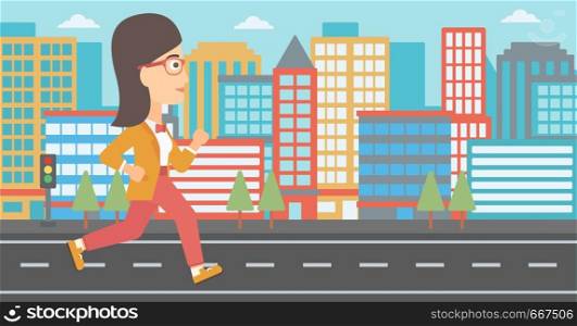 A woman jogging on a city background vector flat design illustration. Horizontal layout.. Sportive woman jogging.