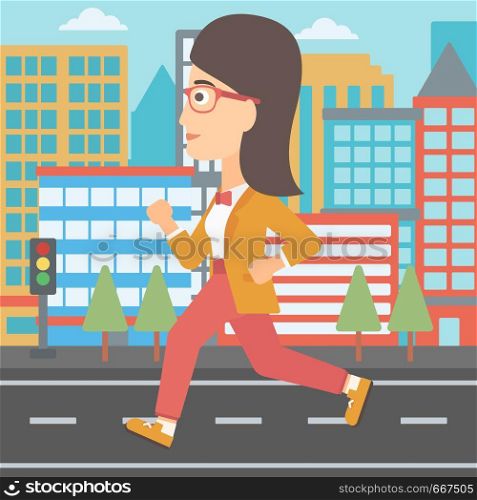 A woman jogging on a city background vector flat design illustration. Square layout.. Sportive woman jogging.
