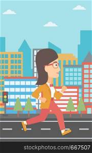 A woman jogging on a city background vector flat design illustration. Vertical layout.. Sportive woman jogging.