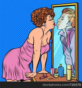 a woman kisses a man, the reflection in the mirror, dream. Pop art retro vector Illustrator vintage kitsch drawing. a woman kisses a man, the reflection in the mirror, dream