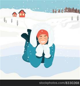 A woman lies on the snow in winter clothes. Snowing. Mountains in the background. Winter activities.Vector illustration in flat style. A woman lies on the snow in winter clothes. Snowing. Mountains in the background. Winter activities.Vector illustration in flat style.