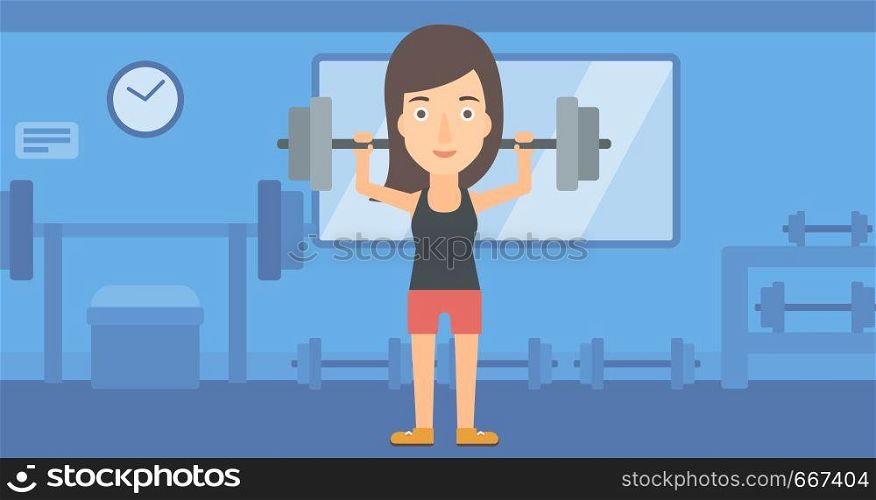 A woman lifting a barbell in the gym vector flat design illustration. Horizontal layout.. Woman lifting barbell.