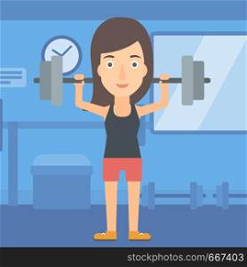 A woman lifting a barbell in the gym vector flat design illustration. Square layout.. Woman lifting barbell.