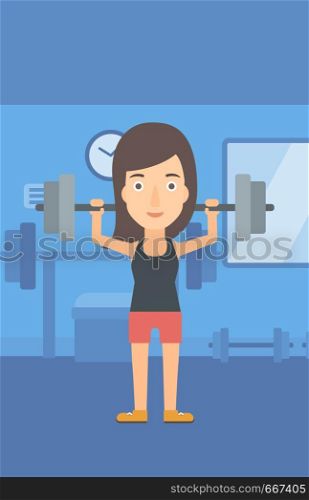 A woman lifting a barbell in the gym vector flat design illustration. Vertical layout.. Woman lifting barbell.