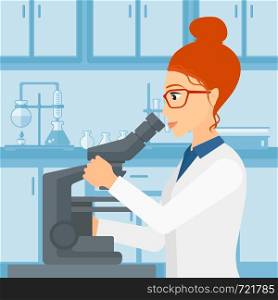 A woman looking through a microscope on the background of laboratory vector flat design illustration. Square layout.. Laboratory assistant with microscope.