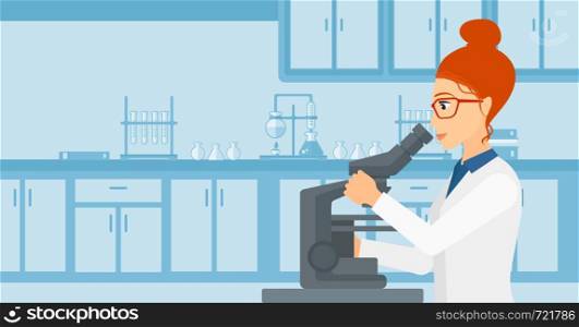 A woman looking through a microscope on the background of laboratory vector flat design illustration. Horizontal layout.. Laboratory assistant with microscope.