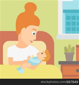 A woman lying in bed with a newborn baby in a maternity ward vector flat design illustration. Square layout.. Woman in maternity ward.