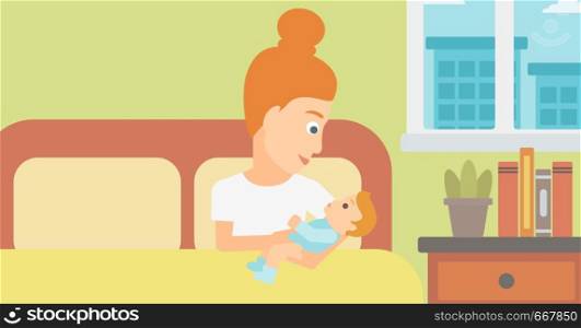 A woman lying in bed with a newborn baby in a maternity ward vector flat design illustration. Horizontal layout.. Woman in maternity ward.