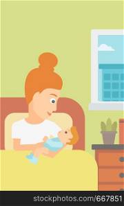 A woman lying in bed with a newborn baby in a maternity ward vector flat design illustration. Vertical layout.. Woman in maternity ward.