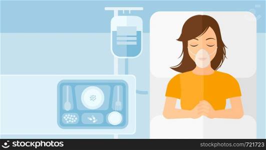 A woman lying in hospital bed with oxygen mask while blood transfusion is running vector flat design illustration. Horizontal layout.. Patient lying in hospital bed.