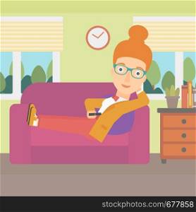 A woman lying on a sofa and watching tv with a remote control in her hand vector flat design illustration. Square layout.. Woman lying on sofa.