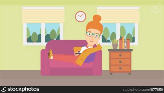 A woman lying on a sofa and watching tv with a remote control in her hand vector flat design illustration. Horizontal layout.. Woman lying on sofa.