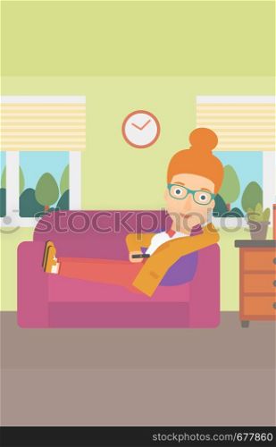 A woman lying on a sofa and watching tv with a remote control in her hand vector flat design illustration. Vertical layout.. Woman lying on sofa.