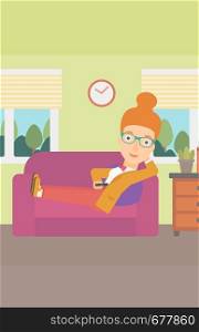 A woman lying on a sofa and watching tv with a remote control in her hand vector flat design illustration. Vertical layout.. Woman lying on sofa.