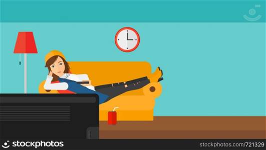 A woman lying on a sofa and watching tv with a remote control in her hand and soda on the floor vector flat design illustration. Horizontal layout.. Woman lying on sofa.
