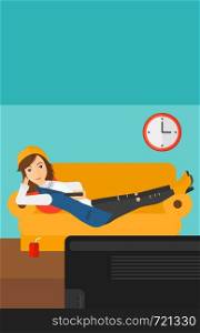 A woman lying on a sofa and watching tv with a remote control in her hand and soda on the floor vector flat design illustration. Vertical layout.. Woman lying on sofa.