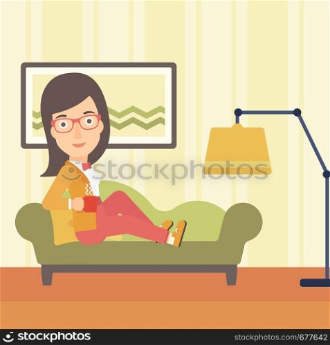 A woman lying on sofa in living room and holding a cup of hot flavored tea vector flat design illustration. Square layout.. Woman lying with cup of tea.