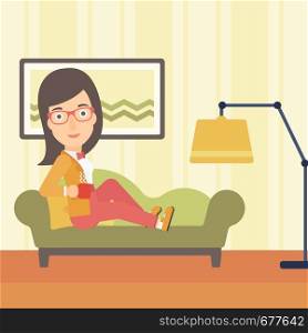 A woman lying on sofa in living room and holding a cup of hot flavored tea vector flat design illustration. Square layout.. Woman lying with cup of tea.
