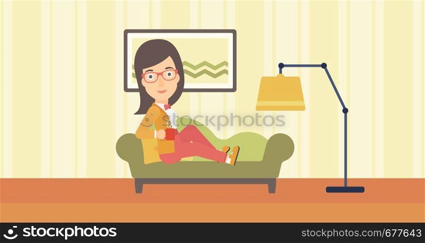 A woman lying on sofa in living room and holding a cup of hot flavored tea vector flat design illustration. Horizontal layout.. Woman lying with cup of tea.