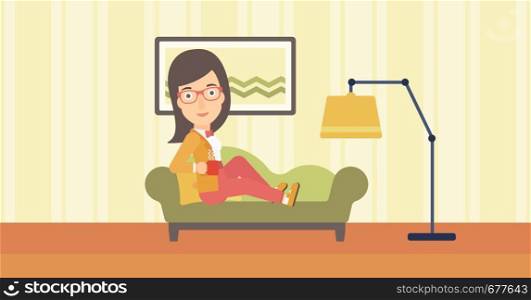 A woman lying on sofa in living room and holding a cup of hot flavored tea vector flat design illustration. Horizontal layout.. Woman lying with cup of tea.