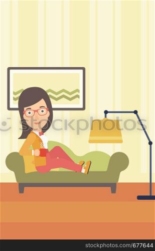 A woman lying on sofa in living room and holding a cup of hot flavored tea vector flat design illustration. Vertical layout.. Woman lying with cup of tea.